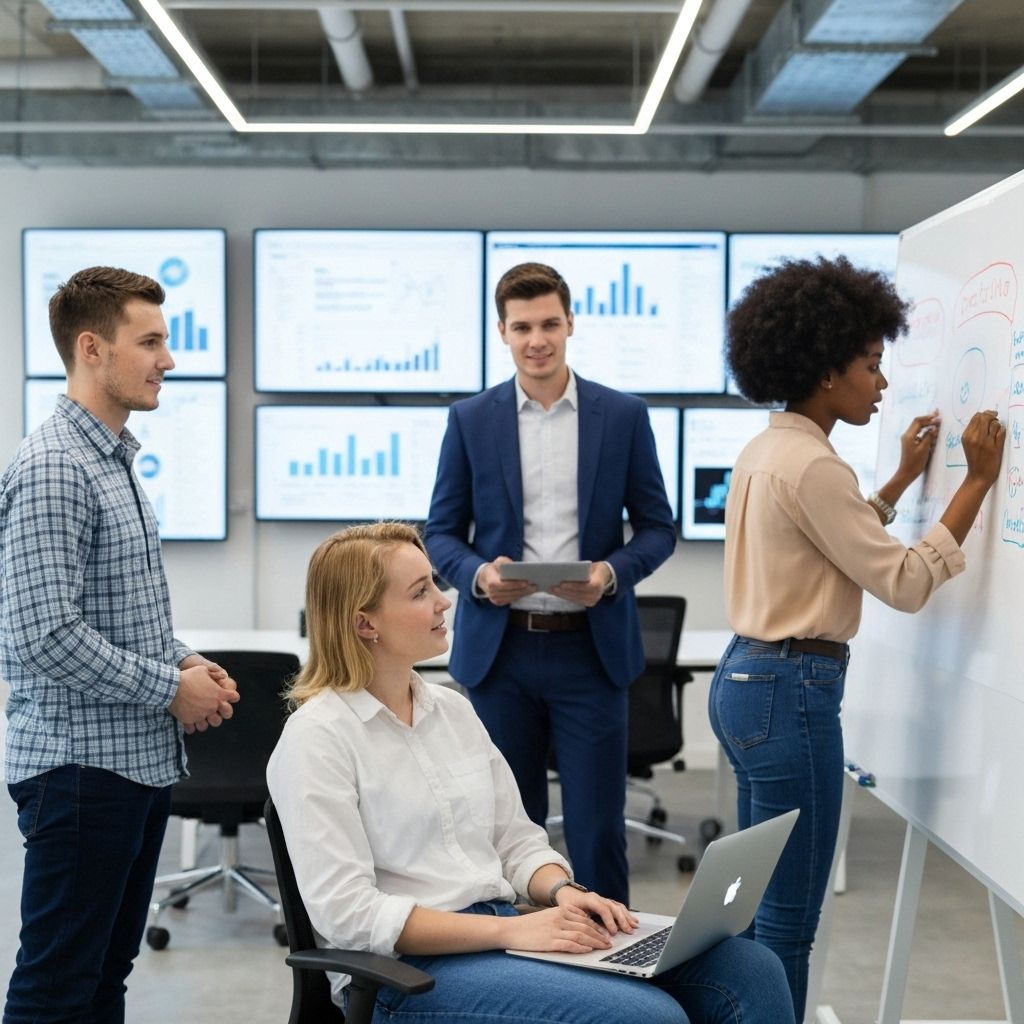 Mozenthra Limited team collaborating on AI and web development projects in modern office environment